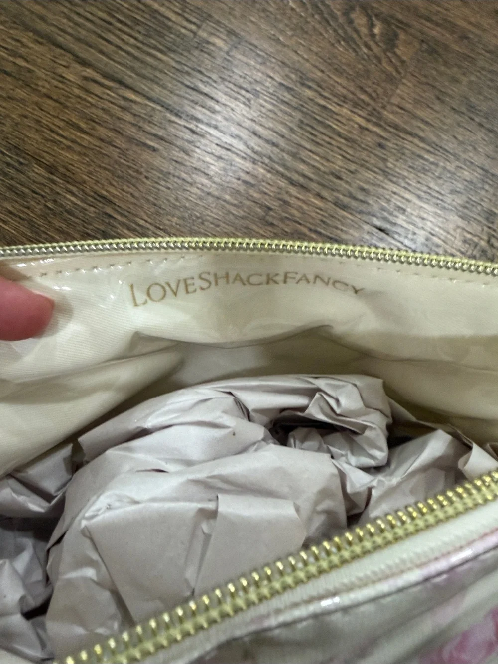 LoveShackFancy Cream Cosmetic Pouch with Pink Rose Print